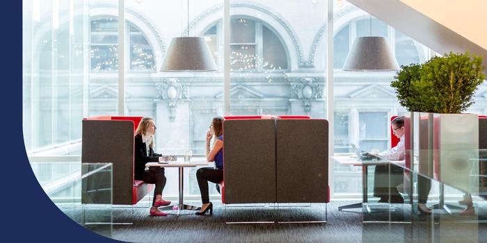 Two employees sitting across from each other in large sofa chairs next to a glass window.