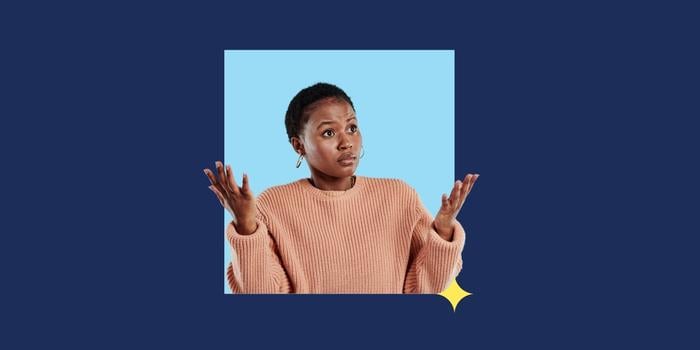 cutout of person raising their hands to their sides in confusion against a light blue square on a navy background with a yellow star