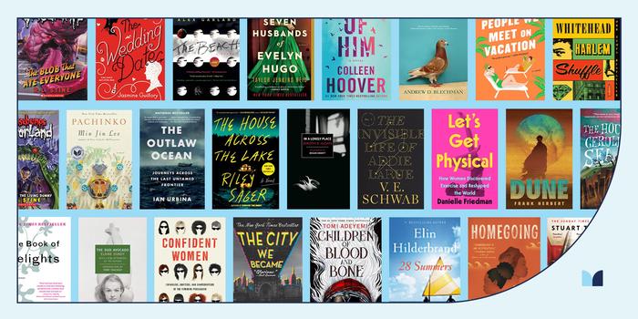 grid of book covers against light blue background