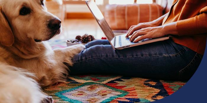 person sitting on the floor with their legs outstretched in front of them and their laptop open on their lap, typing, as a dog lays next to them with one paw on their leg