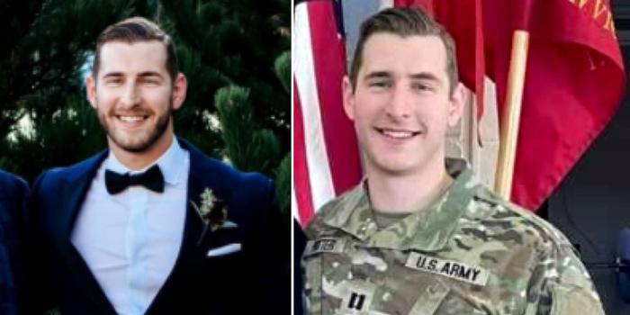 two headshots of a man with short brown hair; in one, he's wearing a suit, and in the other, he's wearing a U.S. Army uniform