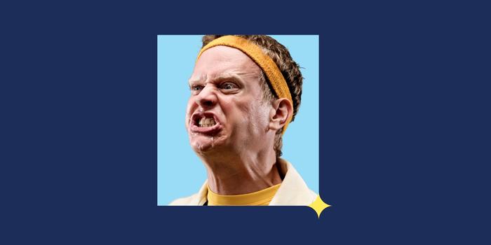photo of a gym coach wearing a yellow sweatband with an enraged expression and spit flying out of their mouth (against a light blue square with a yellow star in the corner and navy blue background)