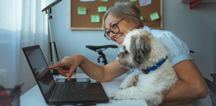 person holding dog in front of laptop