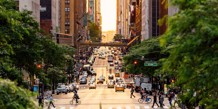 a high angle view of 42nd street in New York City at sunset