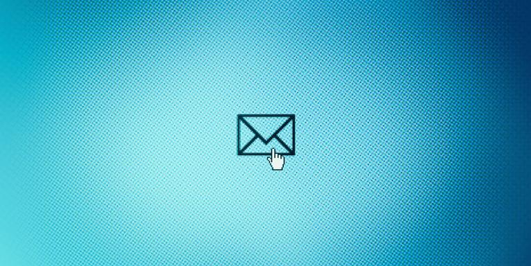 white hand cursor clicking on black outline of email icon, against blue gradient background