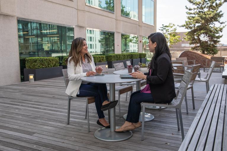 employees sitting in an outdoor seating area in Avanade's Seattle, WA, office
