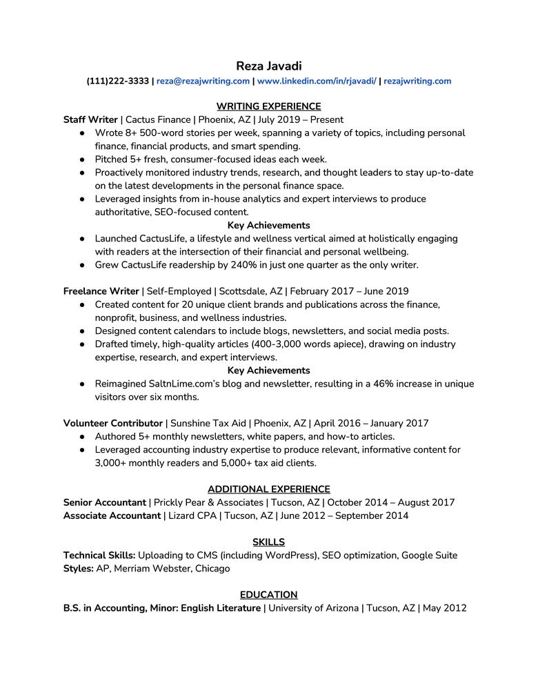examples of resume work experience