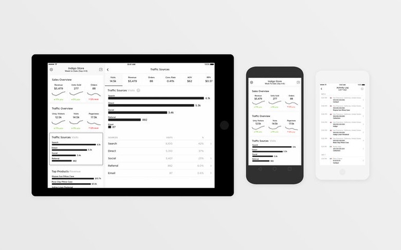 tablet and mobile phone views of squarespace analytics app
