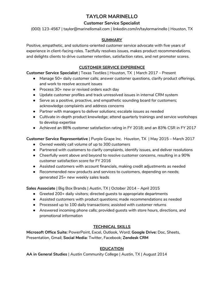 Customer service job resume examples
