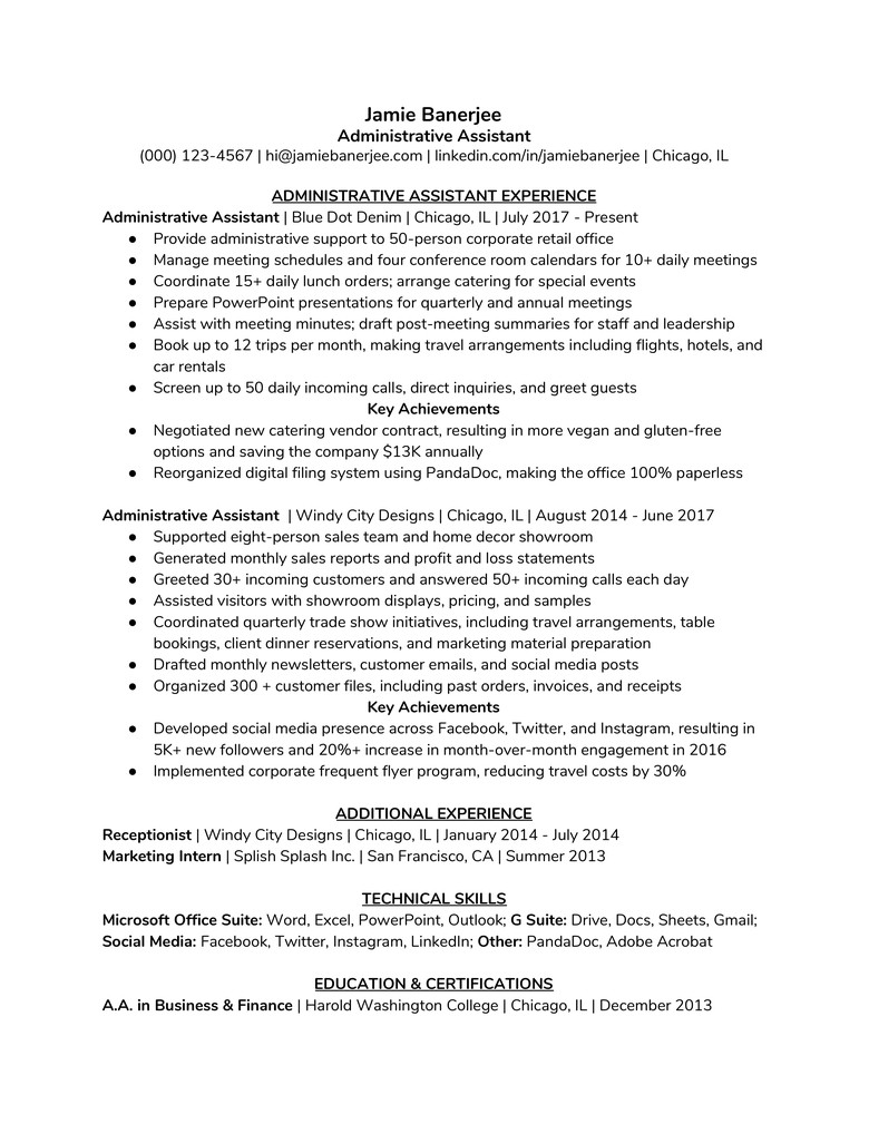 Examples of administrative duties for resume