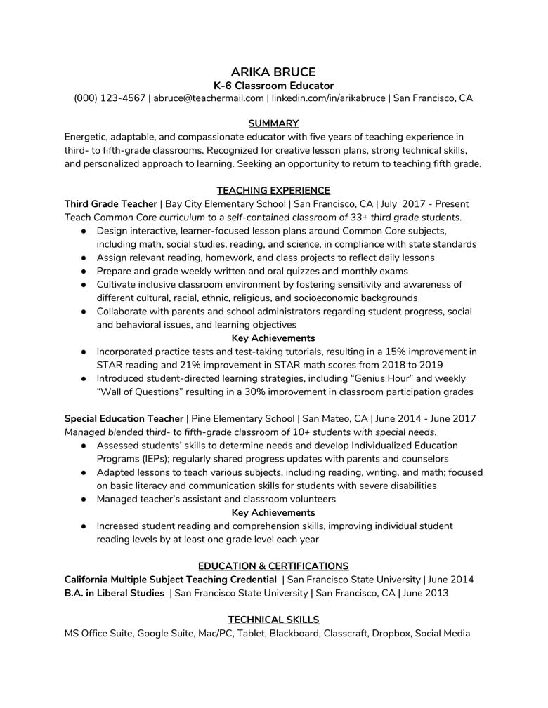teacher work experience resume sample