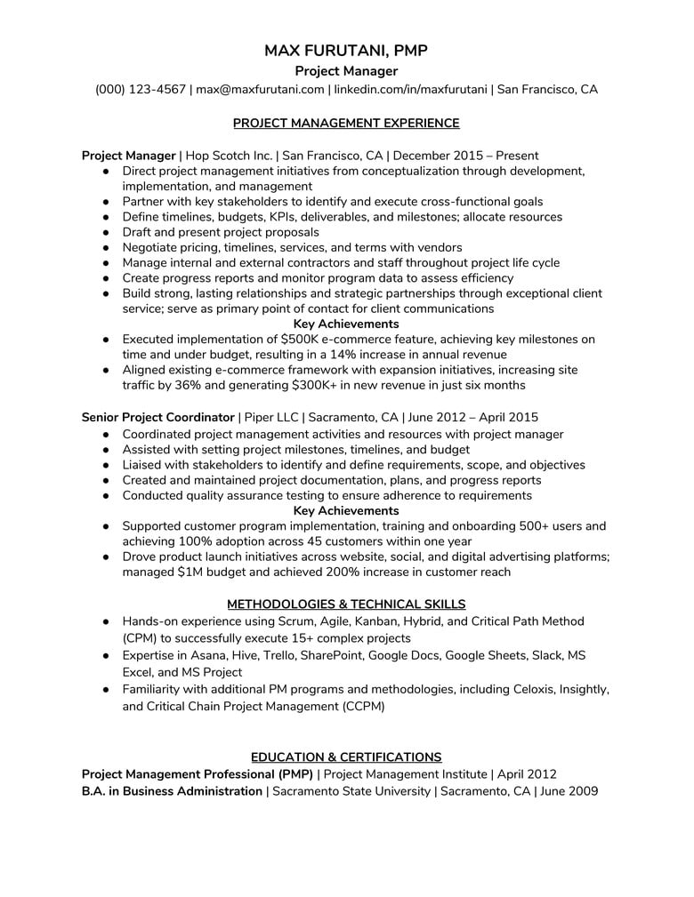 How To Write A Project Manager Resume Plus Example The Muse