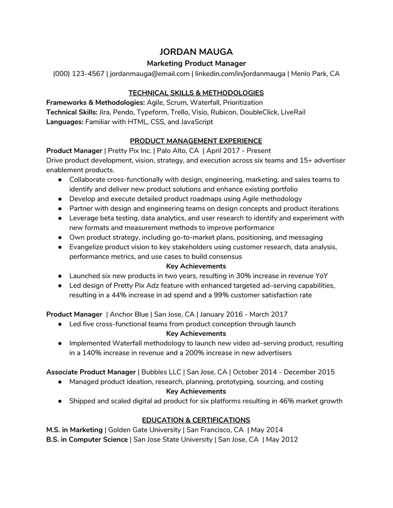 How To Write A Product Manager Resume Plus Example The Muse