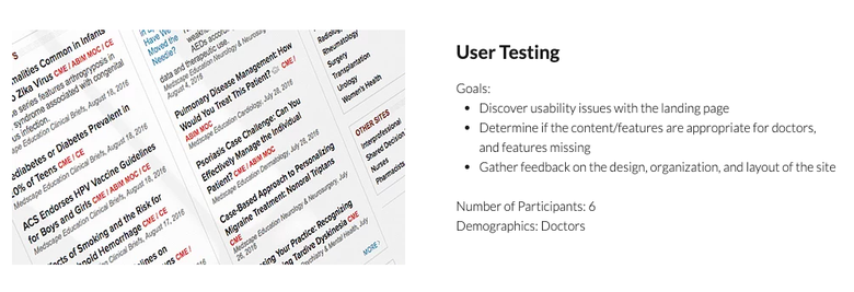 screenshot from a case study showing a photo of a landing page for doctors, with text heading "User Testing" and a description of the user testing process
