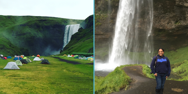 side-by-side photos: left, a view of tents on grass with a waterfall in the background; right, Meena Thiruvengadam poses in front of a waterfall