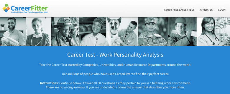 screenshot from career fitter dot com