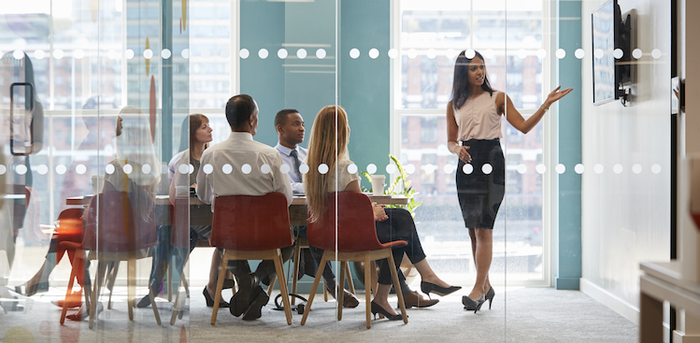 person presenting to colleagues in a conference room