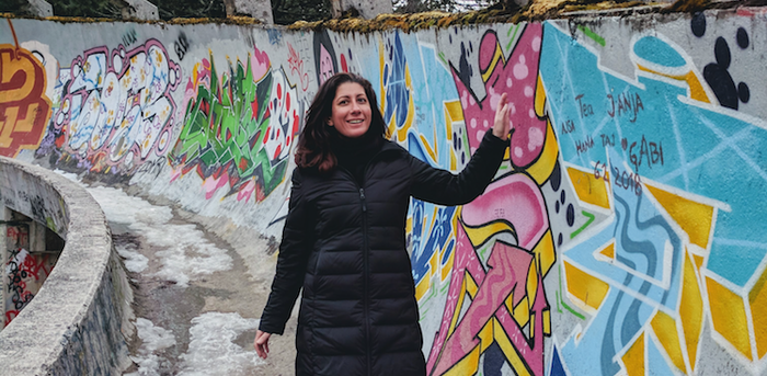 Kristin Amico visiting the bobsled track in Sarajevo in Bosnia and Herzegovina