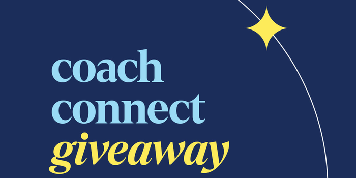 the words "Coach Connect giveaway" in light blue and yellow against a navy background with a white line arcing on the right and a yellow star intersecting the line