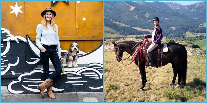 side-by-side images of Colleen White: on the left, she poses with a dog against a mural of moon and stars; on the right she sits on a horse with mountains in the background
