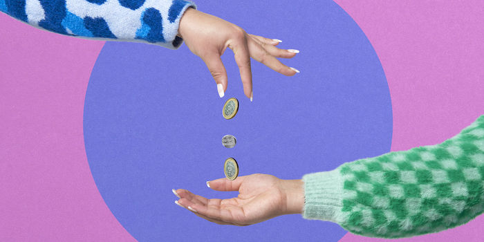 photo illustration of two hands reaching toward each other from opposite directions, one dropping coins into the palm of the other