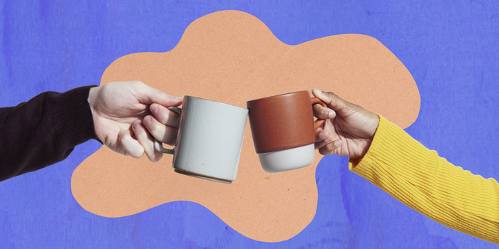 photo illustration of two arms holding coffee mugs and clinking them against an indigo background with orange amoeba-shaped cutout