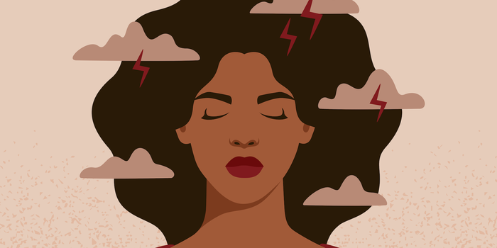 illustration of a woman's face, eyes closed, with clouds and lightning bolts surrounding
