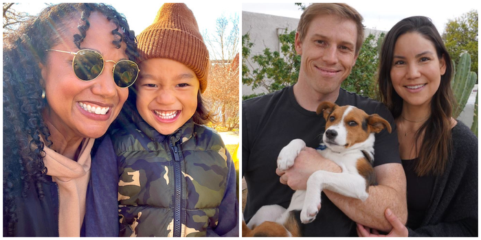 Collage of two photos: On the left, Allison Irby Vu with her son in Tulsa, Oklahoma. On the right, Alex Blalock with his wife, Mari, and their dog in Tucson, Arizona.