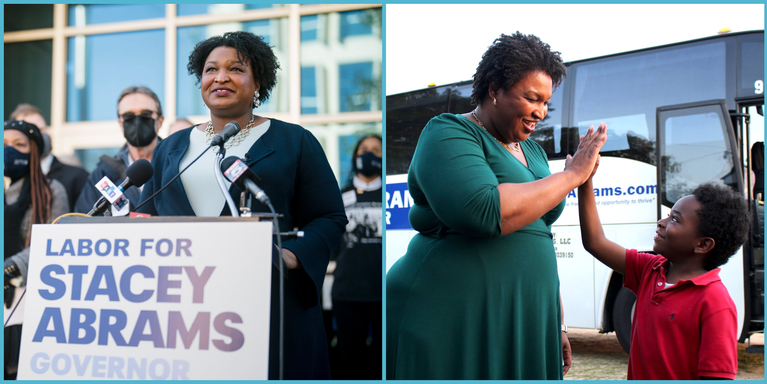two side-by-side images of Stacey Abrams: on the left, she stands behind a podium and addresses a crowd; on the right, she gives a child a high five with a bus visible in the background