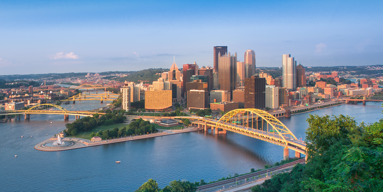 a panoramic view of Pittsburgh and the three rivers