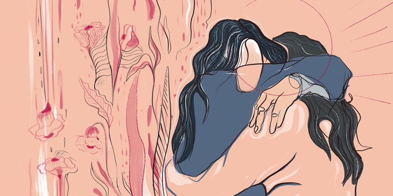 illustration of two people hugging each other tight in grief with pink flowers in the background