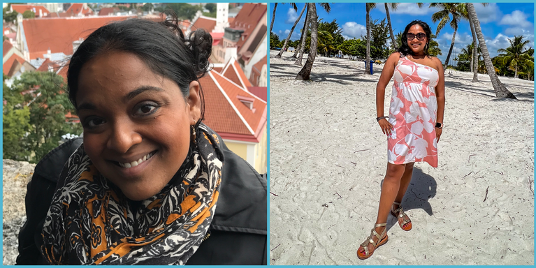 two side-by-side photos of Meena Thiruvengadam: left, in Tallinn, Estonia; right, in the Dominican Republic