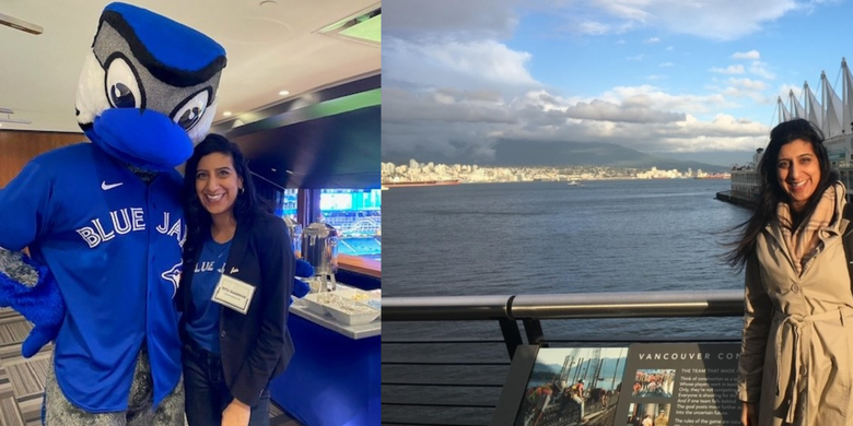 Ritu Shannon avec Ace, la mascotte des Blue Jays de Toronto, et sur le front de mer à Vancouver