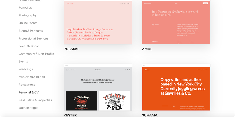 a webpage on Squarespace showing templates that users can choose from