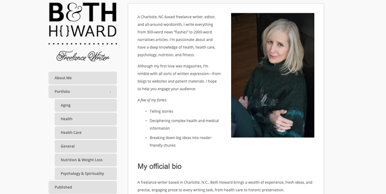 screenshot of Beth Howard's website showing a navigation with different writing topics