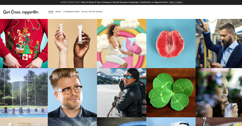 screenshot of the homepage of GariCruze.com showing a grid of images from different projects