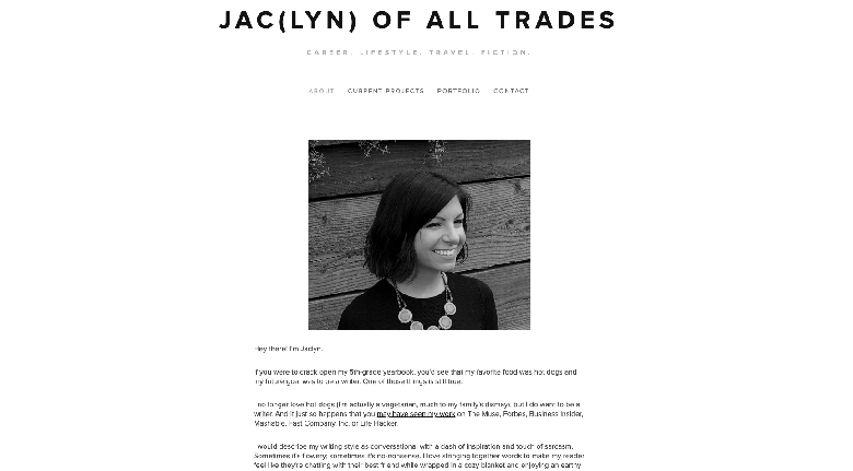 screenshot of the About page on Jacklyn Westlake's website, with a photo of her at the top