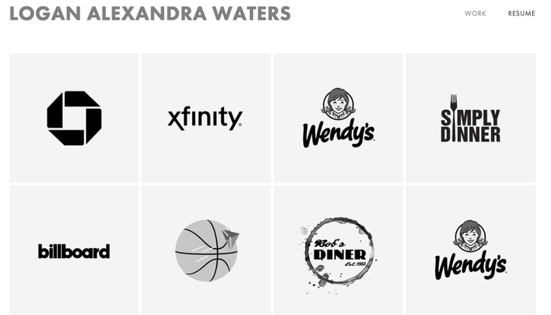 screenshot of Logan Waters' website showing a grid of black-and-white logos for Chase, Xfinity, Wendy's, and other companies