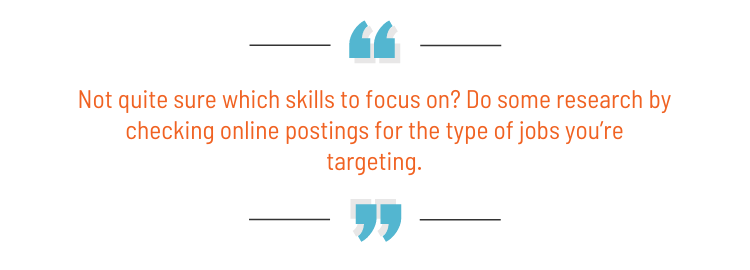 Pull quote: "Not quite sure which skills to focus on? Do some research by checking online postings for the type of jobs you're targeting."