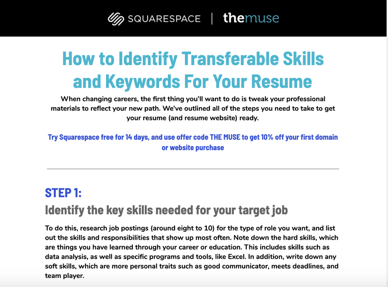 screen shot of The Muse's worksheet on how to identify transferable skills and keywords for your resume