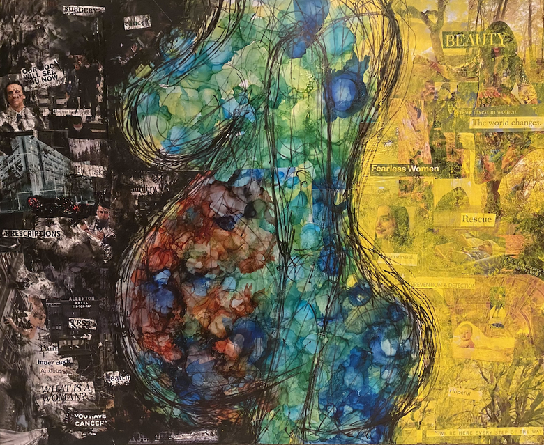 mixed media painting with silhouette of pregnant body