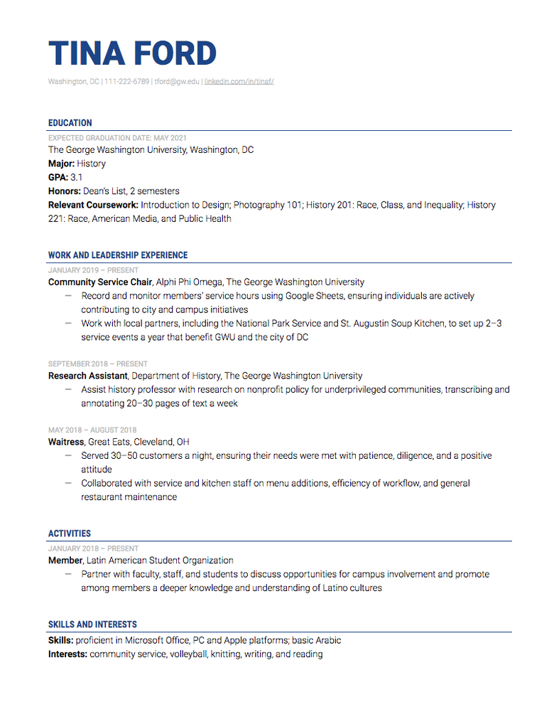 resume examples for college internships