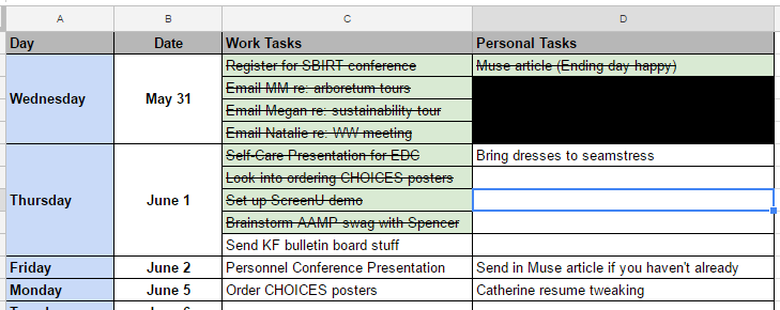 Personal tasks. Wednesday tasks.