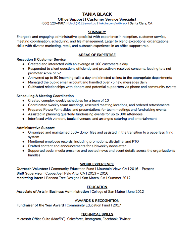 Functional resume example (click for downloadable Google doc version)